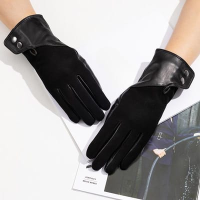Dames Echt Lederen Handschoenen Schapenvacht en Kasjmier Modieus en Warm Volledige Vinger en Twee Vinger Touchscreen Handschoenen voor Skiën M Size black