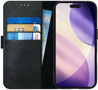 Rosso Deluxe Echt Leer Hoesje Geschikt voor Apple iPhone 17 Pro Max | Ruimte voor drie pasjes | Portemonnee Book Case | Met Pasjeshouder | Zwart