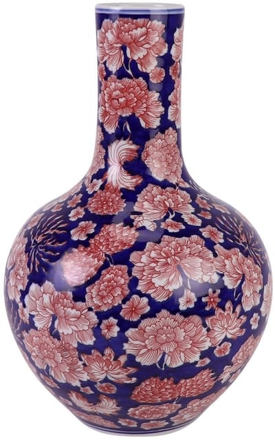 Fine Asianliving Chinese Vaas Porselein Blauw Rood Pioenen Handgeschilderd D23xH35cm