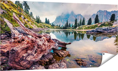 Gards Tuinposter Meer met Rotsen in de Alpen Bergen - 160x80 cm - Tuindoek - Tuindecoratie - Wanddecoratie buiten - Tuinschilderij