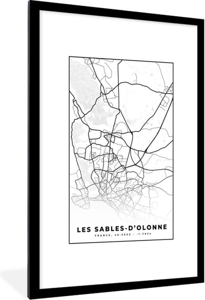 Fotolijst incl. Poster Zwart Wit- Stadskaart – Les Sables-d'Olonne - Plattegrond – Kaart – Frankrijk - Zwart wit - 80x120 cm - Posterlijst