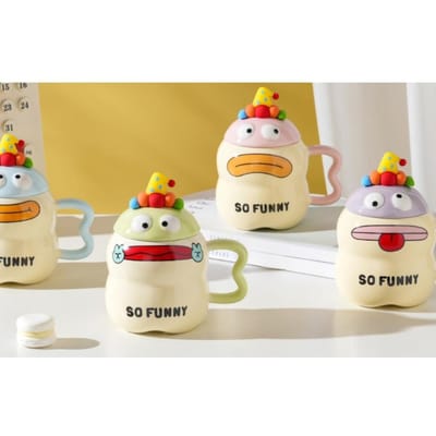 Klein Cadeau Souvenir Leuke Cartoon Mok Grappige Clown Beker met Deksel Keramische Mok Set Huishoudelijke Waterbeker 480ML beige