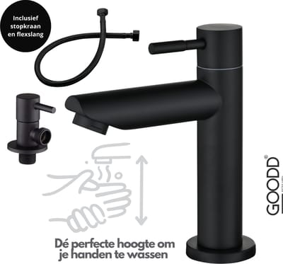 GOODD® - Fonteinkraan - Koudwaterkraan - Toiletkraan - Wc kraan - Zwart - Aansluitslang - Stopkraan