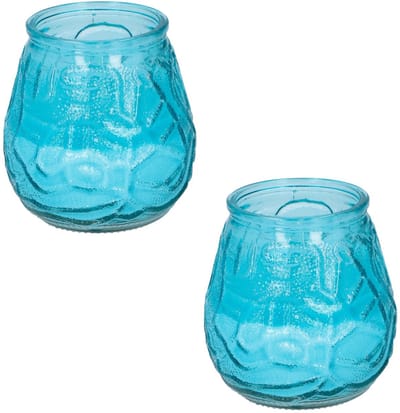Set van 4x stuks citronella lowboy tuin kaarsen in blauw glas - 10 cm - 15 branduren