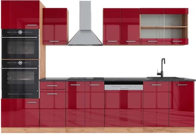 Vicco R-Line Complete keukeneenheid – 300 cm met hoge kast, WB Antraciet Rood hoogglans/gouden eik