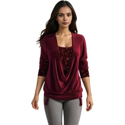 Comfortabel losvallend shirt Elegante fluwelen blouse met swingkraag en pailletten, Stijlvolle zoom met trekkoord en ruches voor dames M rood