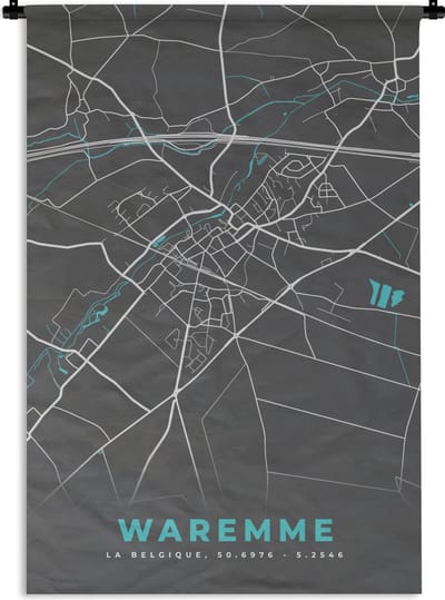 Wandkleed - Wanddoek - Plattegrond – Waremme – Blauw – Stadskaart - Kaart - 120x180 cm - Wandtapijt
