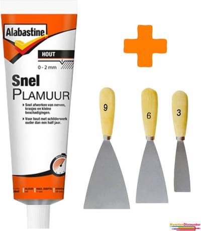 Alabastine SnelPlamuur - Hout - 1x225 gram + KD Plamuurmes Set 3-Delig (3cm, 6cm, 9 cm)