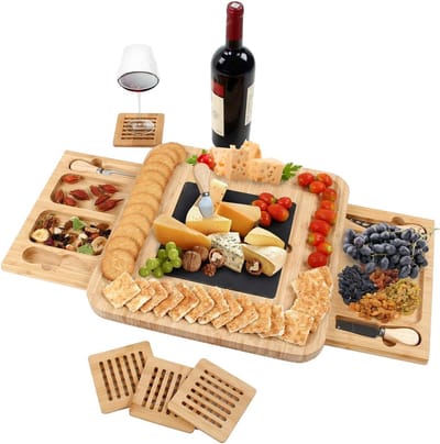 Kaasplank - Bamboe hout - met 2 Lades & 4x Kaas messen