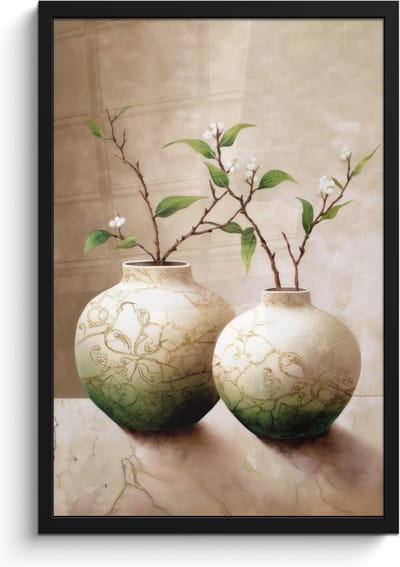 Poster in lijst - Fotolijst 40x60 cm - Posters - Bloemen - Vaas - Wit - Botanisch - Beige - Posterlijst zwart - Wanddecoratie badkamer - Muurdecoratie WC - Decoratieve accessoires - Toilet muur decoratie