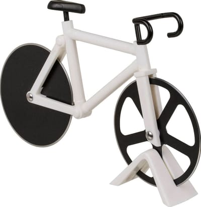Pizzames fiets - Pizzasnijder - Pizza roller - Rolmes - Pizza snijden - Racefiets - Pizza knife bicycle - Kunststof en metaal - Inclusief standaard - Wit - Jonyx