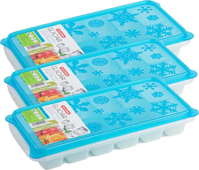 Plasticforte Tray met ijsblokjes - 3x stuks - ijsklontjes vormpjes - 12 vakjes - kunststof - blauw - 26 x 12 cm