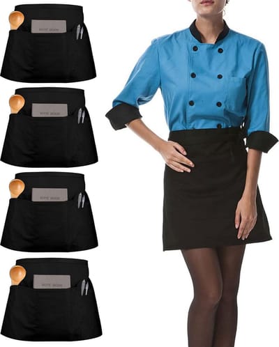 Set van 4 zwarte schorten, waterdicht kookschort met zakken, dames herenschort voor keuken, ober, barbecue, bistro, grill, rug, bistro, restaurant, kort schort, 15,75 * 23,62