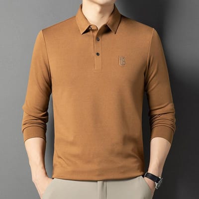 T-shirt à manches longues pour homme Printemps et Automne Nouveau Simple Polyvalent Haut Imprimé Tendance Revers Polo Décontracté pour Homme 4XL brown