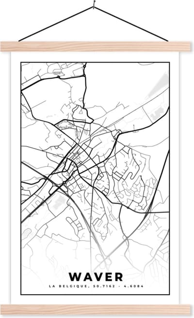 Posterhanger incl. Poster 40x60 cm - Schoolplaat - Plattegrond – Waver – Zwart Wit – Stadskaart - Kaart - België - Textielposter - Blanke latten - Stadskaart
