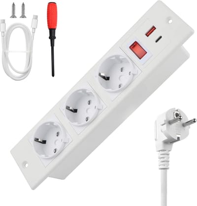 Inbouw Tafelcontactdoos met 3 Stopcontacten, USB-A en USB-C PD 20W, Wit