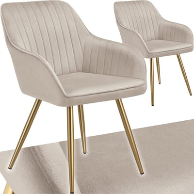 tectake® Eetkamerstoelen Marilyn - Set van 2 - Gestoffeerde Stoel in Fluweellook - Doorgestikt - Zwarte Stoelpoten - Ergonomische Keukenstoel - Doorlopende Rugleuning en Armleuningen - Stoel voor Woonkamer, Eetkamer, Slaapkamer - Taupe
