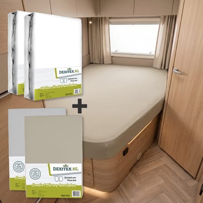 Dexitex Textielpakket Frans bed/ 2 x Molton/ 2 x Hoeslakens ( 1 x Lichtgrijs + 1 x Zandkleur ) /RECHTS geschikt voor Caravan en Camper