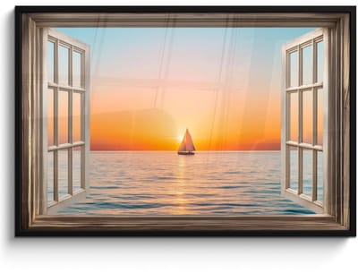 Poster in lijst - Fotolijst 120x80 cm - Posters - Doorkijk - Zee - Boot - Zonsondergang - Posterlijst zwart - Decoratie - Wanddecoratie woonkamer - Muurdecoratie slaapkamer