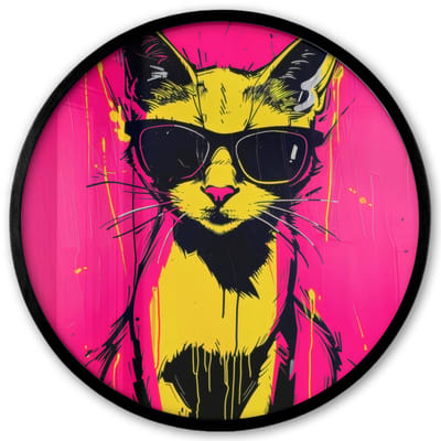 Poster in lijst Rond - Fotolijst 40x40 cm - Posters - Kat - Art - Zonnebril - Roze - Ronde posterlijst zwart - Decoratie - Wanddecoratie woonkamer - Muurdecoratie slaapkamer