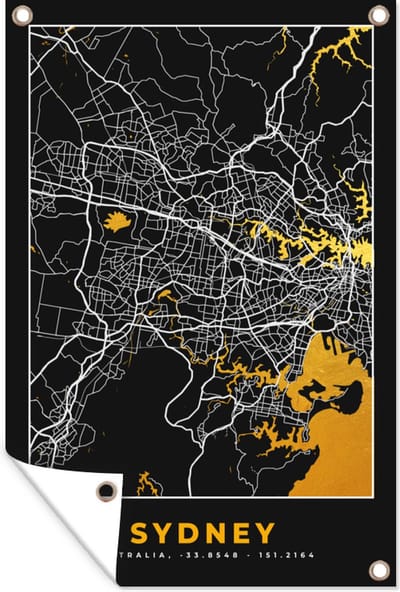 Muurdecoratie Sydney - Stadskaart - Plattegrond - Goud - Kaart - 120x180 cm - Tuinposter - Tuindoek