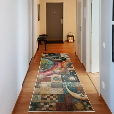 ABAKUHAUS Decoratief vloerkleed met planetenmotief, hoogwaardig vloerkleed voor slaapkamer en woonkamer, 76x229 cm, meerkleurig bruin
