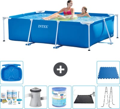 Intex Rechthoekig Frame Zwembad - 220 x 150 x 60 cm - Blauw - Inclusief Onderhoudspakket - Zwembadfilterpomp - Filter - Solar Mat - Ladder - Voetenbad - Vloertegels - 8-delig