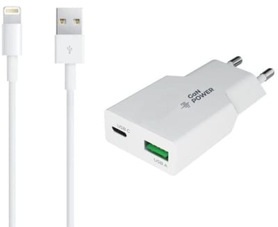 OneOne 36W Lader met USB A en C poort + 1,5m OneOne USB A naar Lightning kabel. USB C voor snelladen. PD PPS lader. GAN oplader adapter past op Apple iPhone 12, 12 Mini, 12 Pro, iPhone 12 Pro Max, iPhone 14, Pro, 14 Pro Max