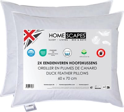 Homescapes Hoofdkussens 60x70 cm – Set van 2 – Medium Zacht – 100% Eendenveren – Anti-Allergisch – Voor Zijslaper & Nekklachten – Oeko‑Tex Gecertificeerd