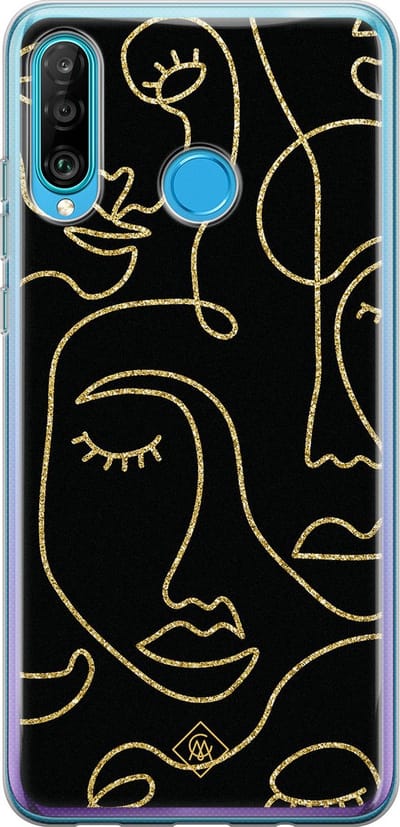 Casimoda® hoesje - Geschikt voor Huawei P30 Lite - Abstract Faces - Siliconen/TPU - Soft Case - Zwart - Geometrisch patroon