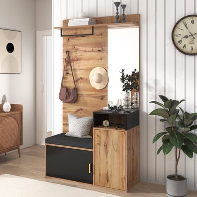 DESMIU Garderobeset – Halmeubel Met Spiegel En Schoenbank – 4 Haken En Schoenopslag Voor Hal En Entree – MDF En Spaanplaat – 105x40x191,5 Cm