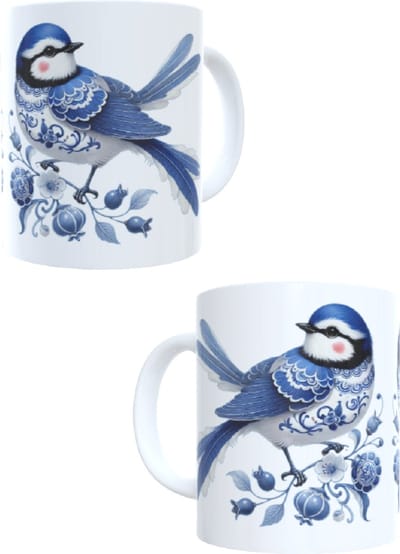 Bedrukte koffie beker - thee mok . opdruk blauw tint - afbeellding vogel op tak