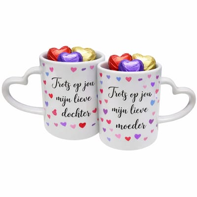 Bedrukte mok set van 2 met hart oor- Moeder dochter mokken - moederdag - mok met tekst - beker - Cadeau - XLX
