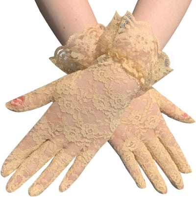 Elegante Korte Kant Handschoenen voor Dames - Bloemmotief, Netstof, Zomerhandschoenen voor Bruiloft, Theeparty en Avondfeest - Geel