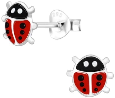 Joy|S - Zilveren lieveheersbeestje oorbellen - rood - 7 x 6 mm