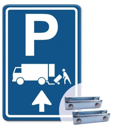 Parkeerbord Laden en Lossen Pijl rechtdoor - blauw - Weerbestendig Aluminium - 40x60 cm - Bevestiging: Met hekbeugels (voor spijlen- of gaashek)