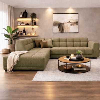 Dimehouse Hoekbank met lounge olijf groen bouclé stof Nova - links - Stof - Scandinavisch & Basic - 270 x 219 x 76 cm