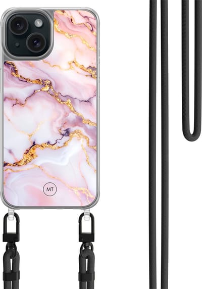 Hoesje met koord geschikt voor iPhone 14 - Marble pink - Inclusief zwart koord - Crossbody beschermhoes - Transparant, Multi - Mooie Telefoonhoesjes