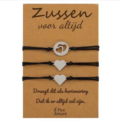 Vriendschapsarmbandjes voor 3 "Zussen voor altijd" - Meerdere Hartjes - Sisters Armbandjes met Cadeau Kaartje - Zilverkleurig - Elastisch Verstelbaar - Pax Amare