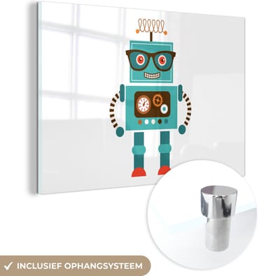 MuchoWow® Glasschilderij 120x80 cm - Schilderij acrylglas - Robot - Bril - Tandwielen - Gezicht - Jongens - Kids - Foto op glas - Schilderijen