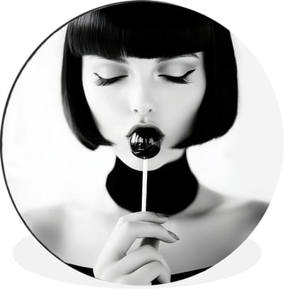 WallCircle - Wandcirkel - Muurcirkel - Vrouw - Lolly - Zwart - Wit - Aluminium - Dibond - 30x30 cm - Binnen en Buiten