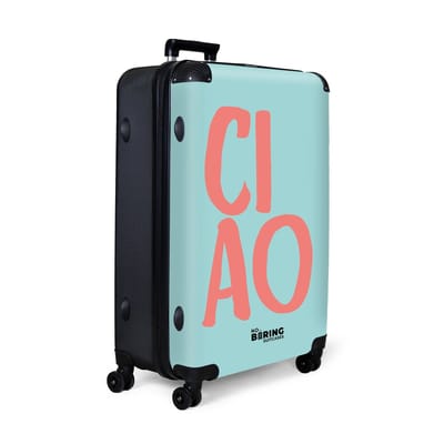 NoBoringSuitcases.com® - Koffer groot - Reiskoffer lichtgewicht - Blauw met roze quote 'ciao' - Rolkoffer met 4 wielen - Grote trolley XL - 98 liter bagage