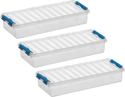 4x stuks sunware q-line opberg box/opbergdoos - 2.5 liter - 38 x 14 x 6 cm - kunststof - opslagbox - transparant/blauw