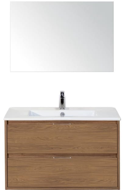 Porto Badmeubelset 90 cm - Honey - Keramische Wastafel Wit Slim met Spiegel