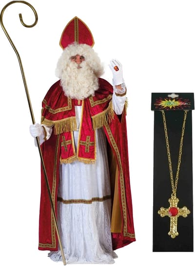 Funny Fashion Sinterklaaspak - verkleedkleding kostuum - inclusief kruis ketting met rode steen