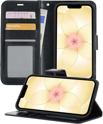 Hoesje - Met Pasjeshouder - Geschikt voor Apple iPhone 17e - Luxe Bookcase Portemonee - Flip Case - Kunstleer Book Case - Flipcase - Book Cover - Walletcase - Portemonneehoes - Telefoonhoesjes - Zwart