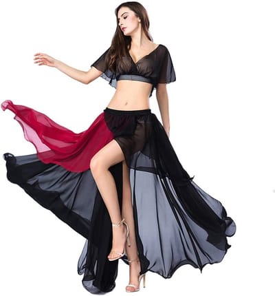 Bellydance top en rok set voor dames, chiffon buikdansoutfit met patchwork design, ideale danspraktijkkleding en maxi rok