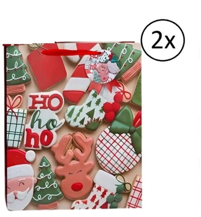 Gerimport Kerst cadeau tasje - 2x - 42 cm - ho-ho-ho en kerstman - inpakken - kerstcadeaus - cadeautas