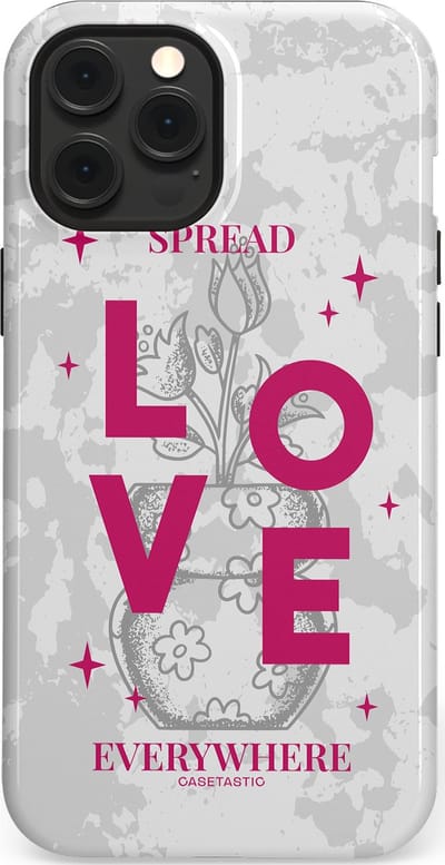 Casetastic hoesje geschikt voor Apple iPhone 12 Pro Max - MagSafe - Dubbellaagse bescherming - Spread Love Everywhere - Grijs Roze - Valentijn - Valentine - Fashion Case - Lichtgrijs Wit Roze