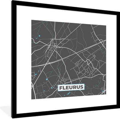 Fotolijst incl. Poster - België – Fleurus – Stadskaart – Kaart – Blauw – Plattegrond - 40x40 cm - Posterlijst